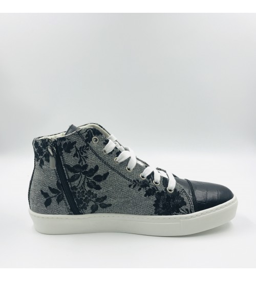 Handmade shoes Grey Damascati and Black coco leather